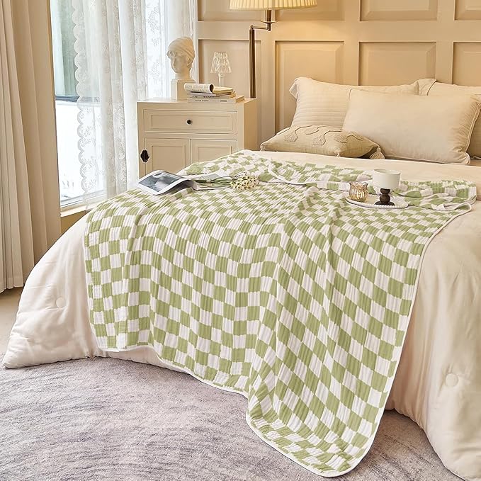 Ultra Soft Cozy 6-Layer Muslin 100% Cotton Checkered King Size 90"x104" Bed Blanket Breathable Lightweight Checkboard Bed Blankets Decorative for Sofa Bed All Seasons Both Sides Green