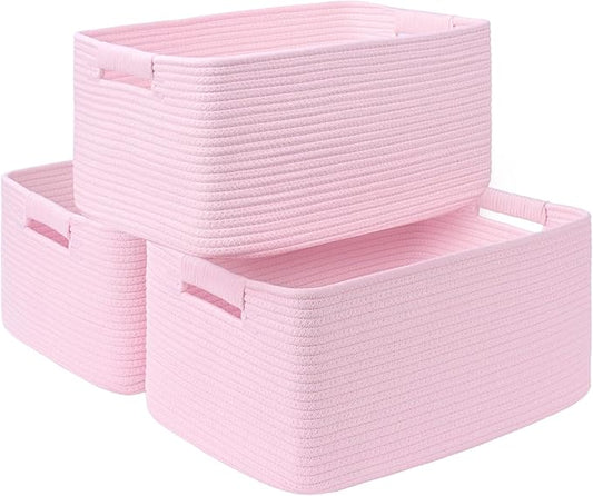 3 Pack Large Storage Basket for Organizing, 17.5"x13"x7" Woven Basket for Shelves, Closet Cube Storage Bins with Wrapped Handle, Cotton Rope Baskets for Kitchen, Clothes, Toys(Light Pink)
