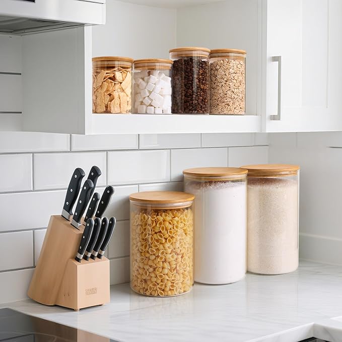 ComSaf Glass Food Storage Containers with Bamboo Lid (4.2Qt/1.5Qt), Glass Jar with Airtight Lid Clear Glass Food Canister Set of 2 for Dry food like Rice, Sugar, Flour, Pasta, Cereal, Beans, Nuts