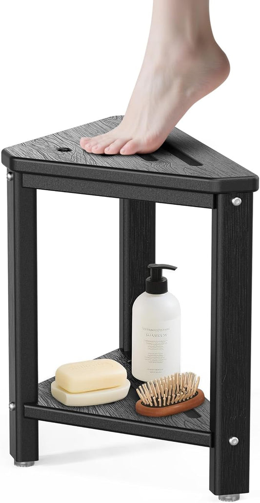 Shower Foot Rest 15in, HDPE Waterproof Shower Stool for Inside Shower, Corner Shower Stool for Shaving Legs with Storage Shelf for Small Space, Shower Step Stool, Plastic Corner Shower Bench, Black