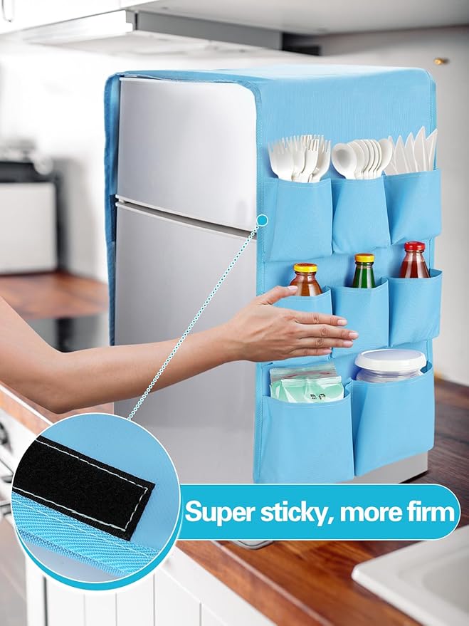 Extended Mini Fridge Caddy Organizer - 55" x 13" Back to School Dorm and Office Over the Fridge Storage Organizer with 12 Pockets for Flatware Drink Paper Goods, College Must Have, Blue