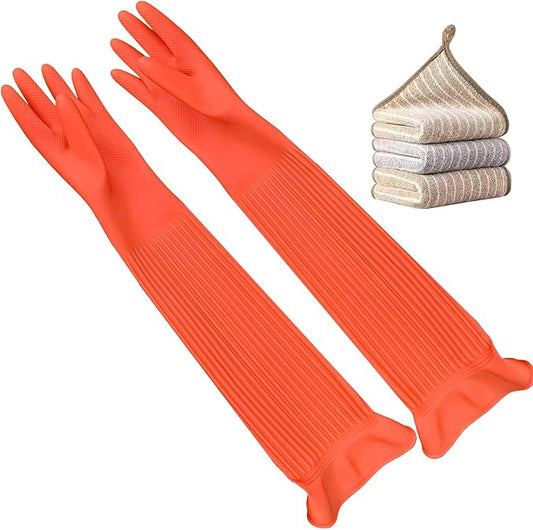 3 Pairs Household Extra Long Kitchen Gloves for Washing Dishes，20.05inches Rubber Cleaning Gloves，Reusable Latex Living Wash Gloves，Long Sleeves(Large, Red)