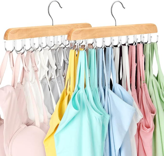 Bra Hanger for Closet, Tank Top Organizer 20 Hooks Capacity Foldable Wood Space Saving Hanger Closet Organizers and Storage for Dorm & Apartment for Tank Top, Hats etc.-2 Pack