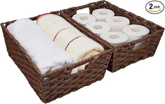 Large Wicker Storage Basket, Metal Frame, Set of 2, Washable Waterproof, 15" x 10.3" x 5.2", Brown Color, Woven Basket for Pantry, Toilet, Bathroom, Bedroom, Patio