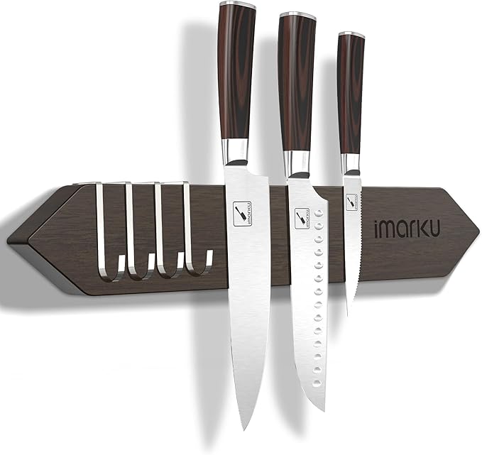 imarku Magnetic Knife Holder for Wall - 16 Inch Acacia Wood Magnetic Knife Strip with Powerful Magnet, Knife Magnetic Strip for Kitchen Utensil Organizer with 4 Hooks, Dark Gray