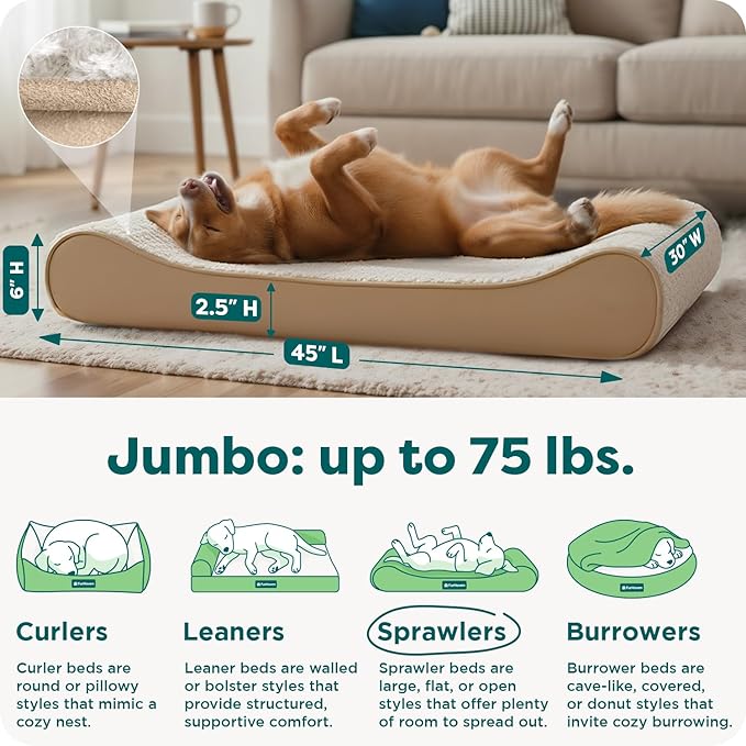 FurHaven Orthopedic Dog Bed for X-Large Dogs, Luxe Lounger Contour Mattress with Medical-Grade Solid Orthopedic Foam for Joint Support, Removable Washable Cover, Jumbo/XL, Plush Suede, Cream