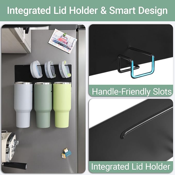 2 Pack Heavy Duty Magnetic Cup Holder for Stanley 40oz&30oz Tumblers - Space Saving Fridge Organizer with Integrated Lid Organizer