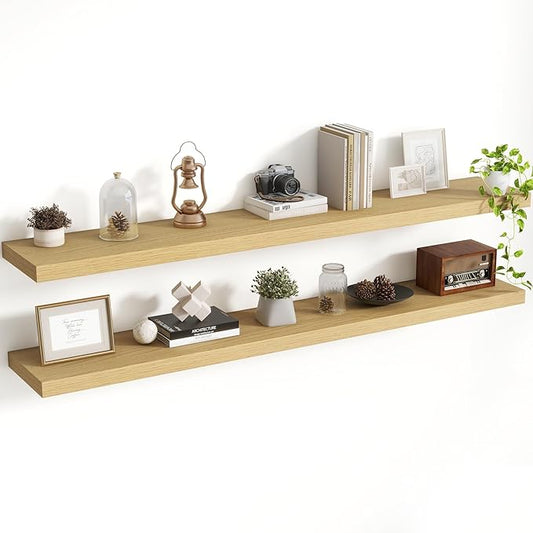 55 Inch Floating Shelves, 8 Inch Deep Floating Shelves for Wall, Hanging Shelf with Invisible Brackets, Deep Shelves for Bathroom, Bedroom, Living Room, Oak, Set of 2