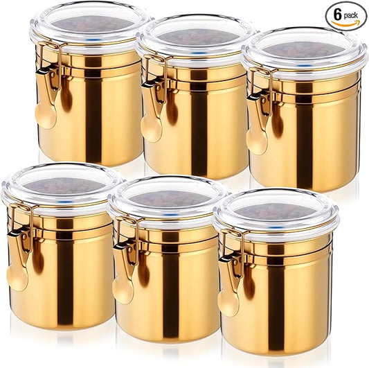 6 Pcs Stainless Steel Food Storage Containers Set Airtight Kitchen Canisters Coffee Jar with Clear Lid and Locking Clamp for Coffee Bean, Tea, Flour, Sugar, Cookie Storage(27 oz)