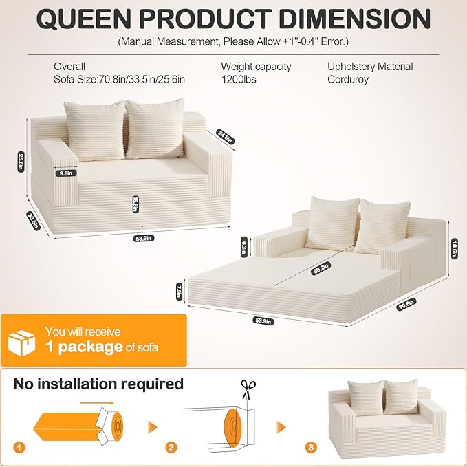 Convertible Sofa Bed, Loveseat Folding Floor Futon Sleeper Sofa Couch Bed- Boneless Foldable Couch, Corduroy Pull Out Sofa Bed with 2 Pillows for Living Room & Bedroom