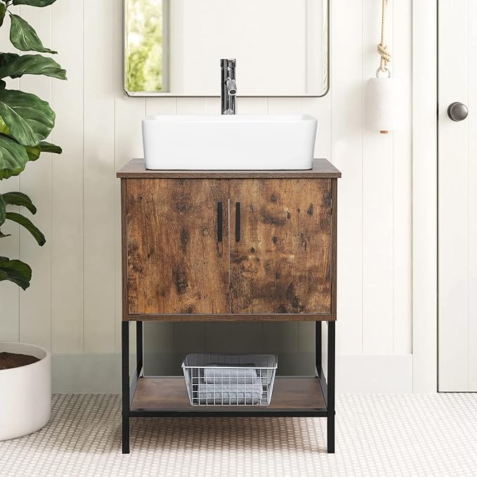 eclife 24" Bathroom Vanity Sink Combo Modern Metal Stand Cabinet W/Bottom Shelf White Rectangle Vessel Sink & Water Save Faucet & Pop Up Drain, Rustic Brown (T03)