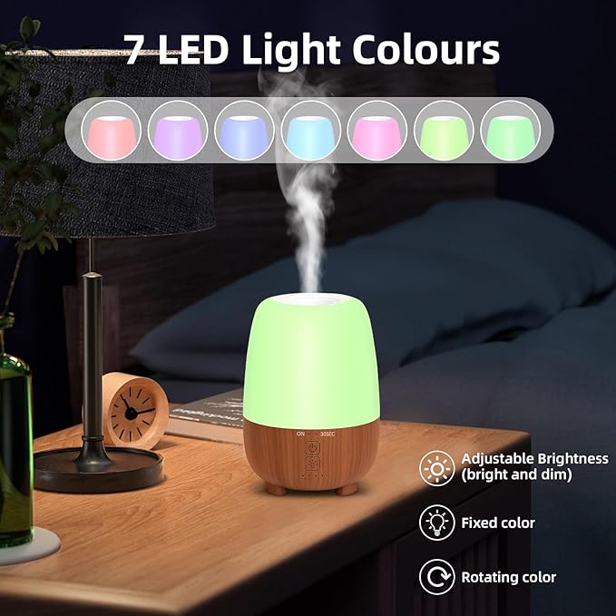 Rechargeable Battery Essential Oil Diffuser 150ML, Portable Cordless Aromatherapy Diffuser, 7-Color LED Light, 7 Hours Run Time, Quiet Design, Safe Auto Shut-Off, for Office, Home, Outdoor