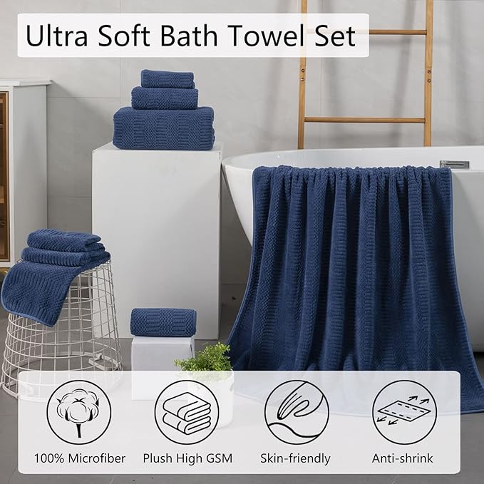 Oliven 8 Pcs Navy Oversized Bath Sheet Set-2 Large Bath Towel Sheets,2 Hand Towels,4 Washcloths 600GSM Soft Highly Absorbent Quick Dry Beach Chair Towels Woven Towel for Bathroom Hotel and Spa