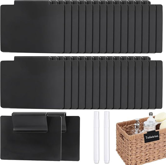 34 Pcs Basket Labels Clip on Set, Include 32 Kitchen Clip Label Holder Removable Storage Bin Labels with 2 White Marker for Storage Bins Organization Box (Black)