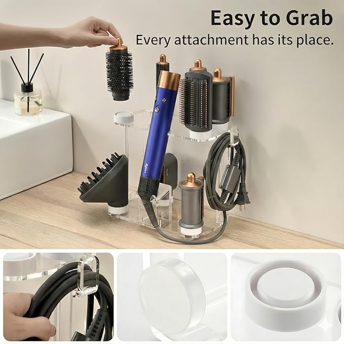 Storage Holder for Dyson Airwrap Organizer with 8 Slots, Clear Acrylic Wall Mount Or Freestanding Stand Fits Shark Hair Dryer Holder, Silicone Pads for Bathroom Vanity Countertop