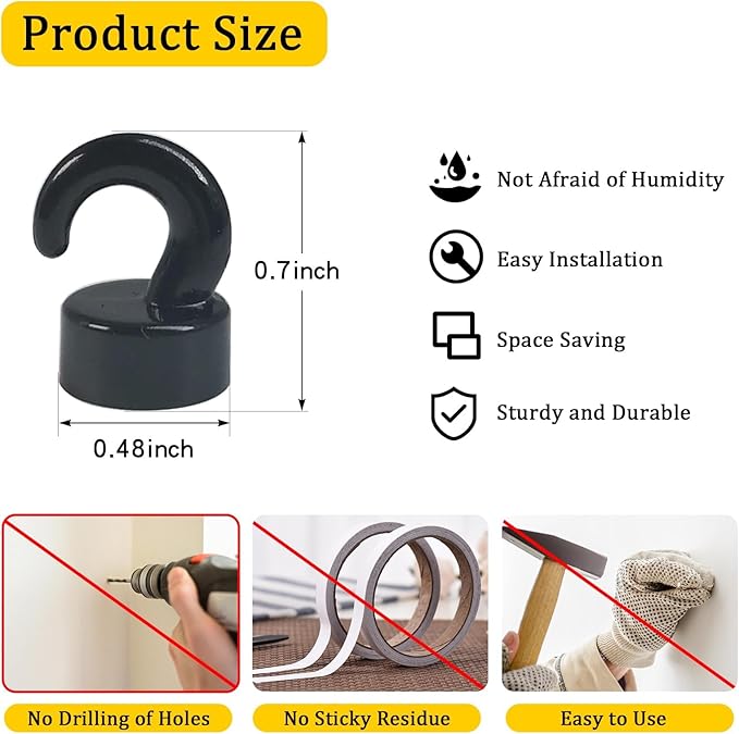 Small Magnetic Hooks for Refrigerator, Mini Magnetic Hooks for Cruise Cabins, Magnet Hook for Kitchen, Classroom, and Office - Pack of 10 (Black)