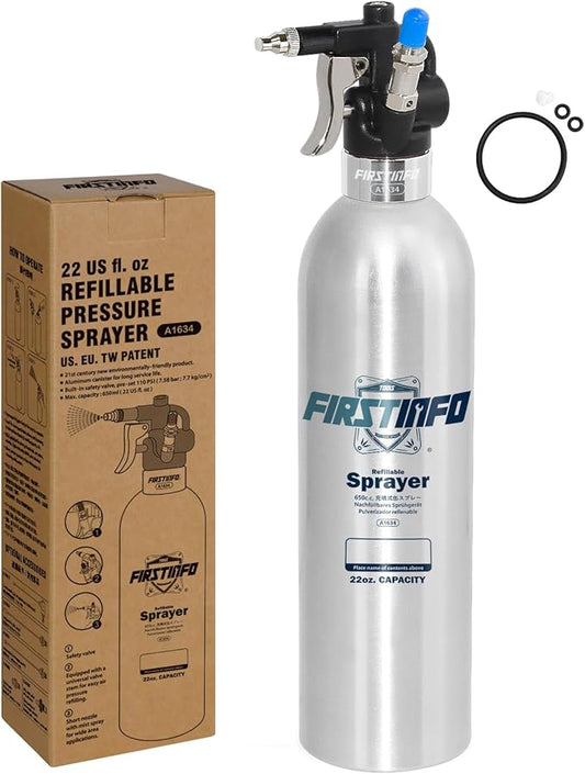 FIRSTINFO A1634 Patented Max. Pressure 110 psi 650ml Aluminum Canister Aerosol Refillable Fluid Storage Spray Can/Pneumatic Compressed Air Sprayer