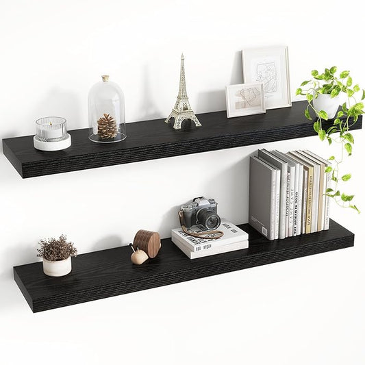 36 Inch Floating Shelves, 8 Inch Deep Floating Shelves for Wall, Hanging Shelf with Invisible Brackets, Deep Shelves for Bathroom, Bedroom, Living Room, Black, Set of 2