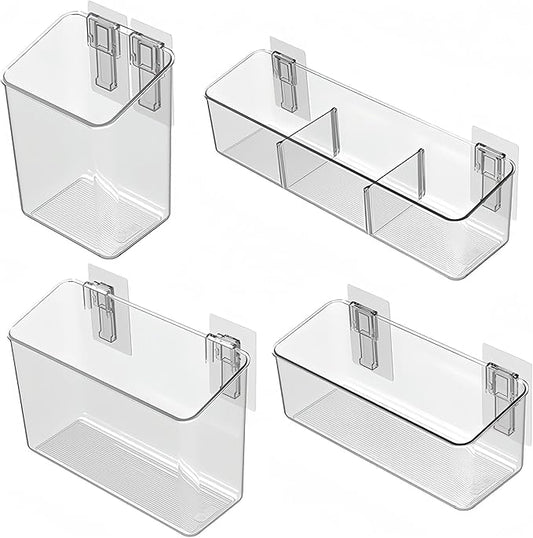 vacane 4 Pack Plastic Over Cabinet Door Organizer, Adhesive Mount Storage Organizer Container Makeup Organizer Hanging Basket Bins for Craft Room, Pantry, Office, Space Saving Holder for Kitchen Bags