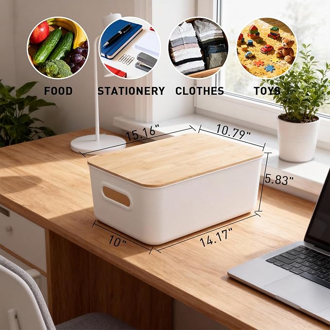Citylife Storage Bins with Bamboo Lids 16QT Plastic Storage Containers Stackable Organizer Boxes with Handle for Desk Snacks, Toys, 4 PCS, 15" L x 10.6" W x 5.8" H