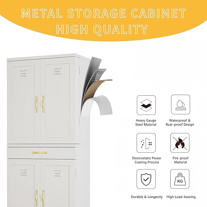 DWVO Metal Storage Cabinet, 71" Kitchen Pantry Cabinet with 4 Door & 4 Adjustable Shelves & Drawer & Door Rack, 6-Tier Tall White Steel Cabinets for Kitchen, Living Room, Dining Room
