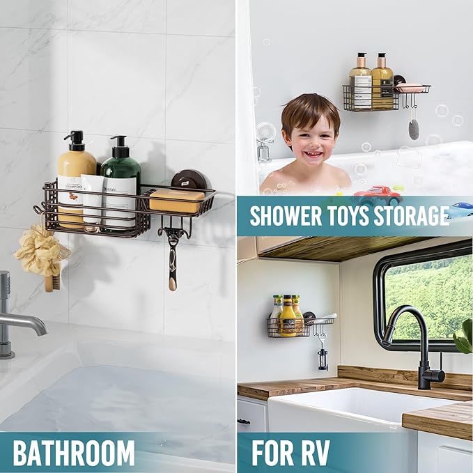 TAILI Shower Caddy Suction Cup with Hooks & Soap Holder, Heavy Duty Bathroom Shower Organizer, No Drilling Shelves for Inside Bathroom, Metal Storage Basket-Brown
