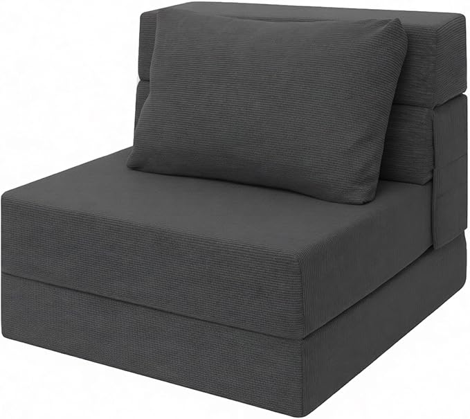 Sofa Bed Foldable Mattress ，Folding Sleeper Sofa Chair Bed Floor Mattress with Pillow for Living Room Home Office (Dark Gray -Corduroy, Single)