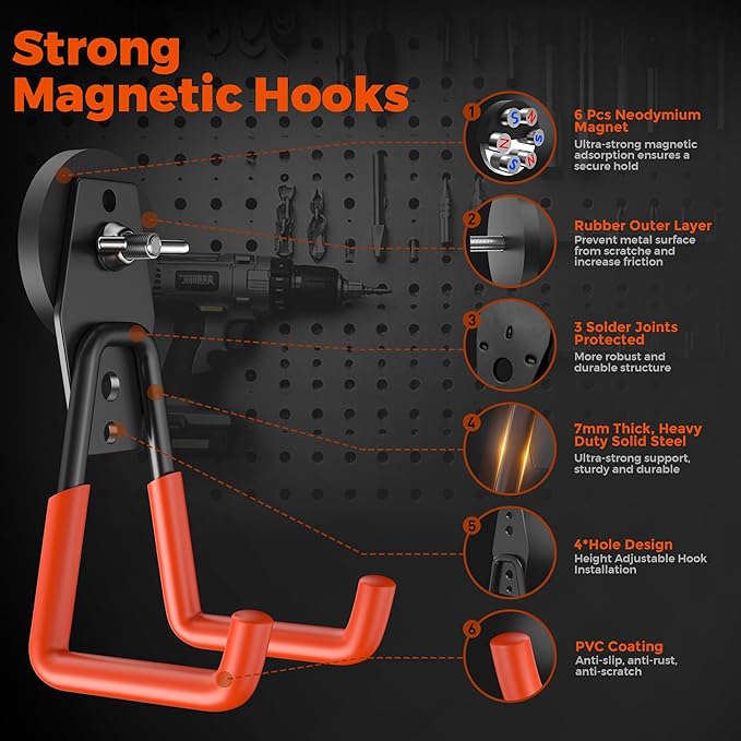 6 Pack Large Strong Magnetic Hooks Heavy Duty Garage Big Magnet Hooks Extra Strength Magnetic Utility Storage Hook Hanger with Anti Slip Coating for Garden Indoor Outdoor Hanging Tools Orange