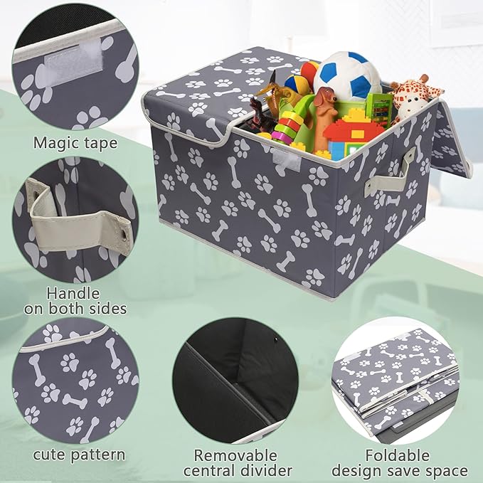 Geyecete Large Storage Boxes - Large Linen Fabric Foldable Storage Cubes Bin Box Containers with Lid and Handles for Dog Apparel(Bone claw)