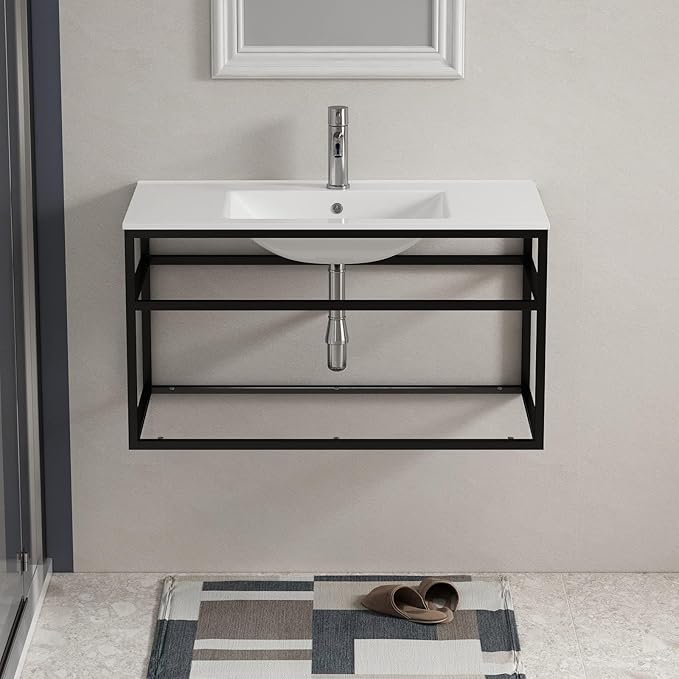 wonline 36 inch Console Bathroom Sink, White Ceramic Vanity Basin with Faucet, Wall Mount Vanity Basin for Bathroom, Laundry Room, Garage, Basement, Indoor, Outdoor