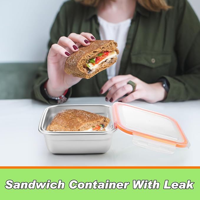4 Pack Stainless Steel Sandwich Containers with Lids 25.4 oz Metal Food Container for Lunch Boxes with Airtight Silicone Seal for Sandwiches and Snacks(Orange)