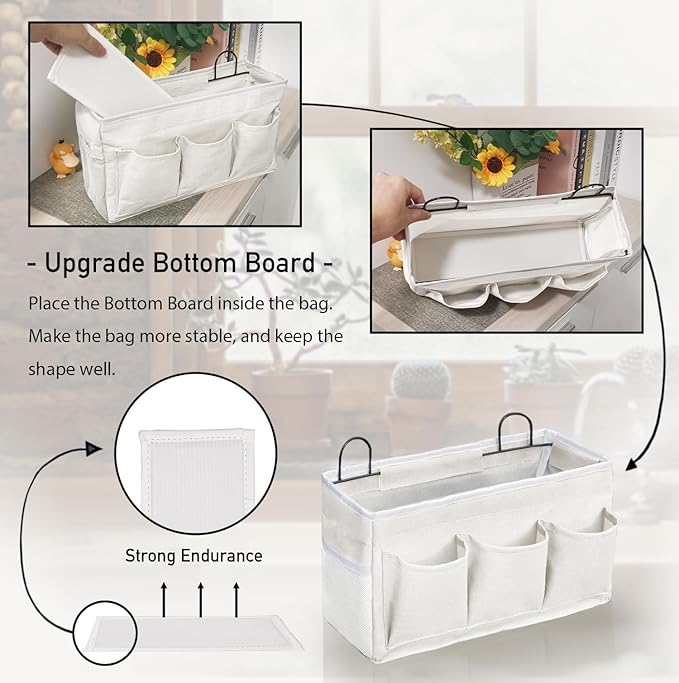 Wall Hanging Organizer Bag, 2-Pack Linen Storage Baskets with Pockets, WallHanging Storage Basket for Bedroom, Kitchen, Office, RV Camper (White-2pcs)