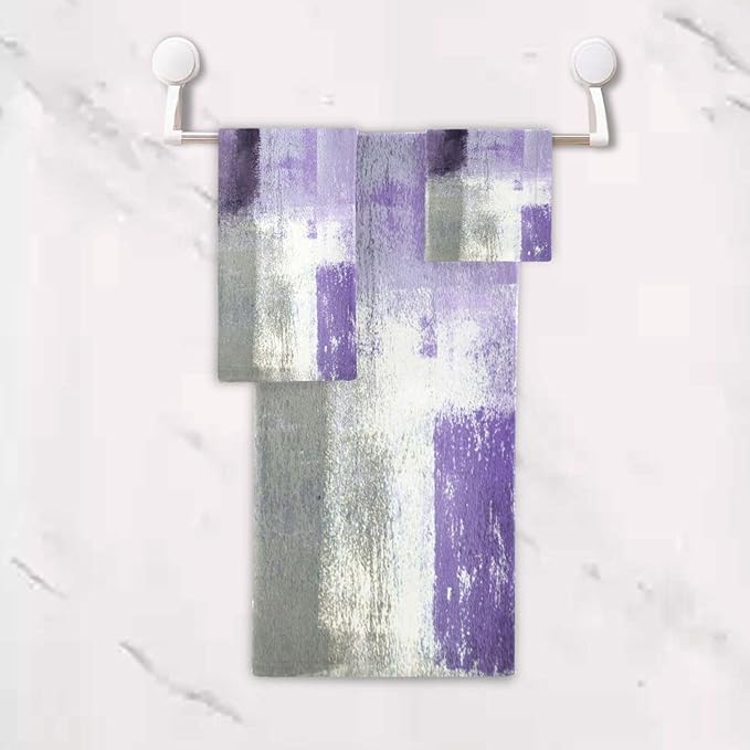 Purple Grey Art Bath Towel Set, 3 Piece Modern Decorative Absorbent Microfiber Set (1 Bath, 1 Hand, 1 Washcloth) for Fingertip, Hair, Face