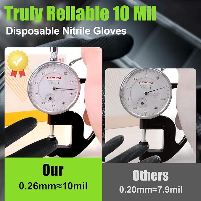 TREEGO Black Heavy Duty Rubber Gloves 10 Mil Nitrile Gloves - Raised Diamond Texture Grip for Automotive & Mechanic - Latex Free Disposable Gloves Medium, 100 Count