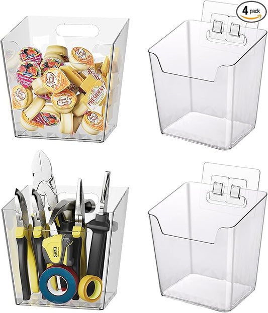 Clear Adhesive Wall Storage Bins, 4 Pack Cabinet Door Organizer Holders, Hanging Wall Mount Pockets, Plastic Cups for Shower Bathroom Makeup Office Craft Remote Kitchen Sink RV Organization (Large)