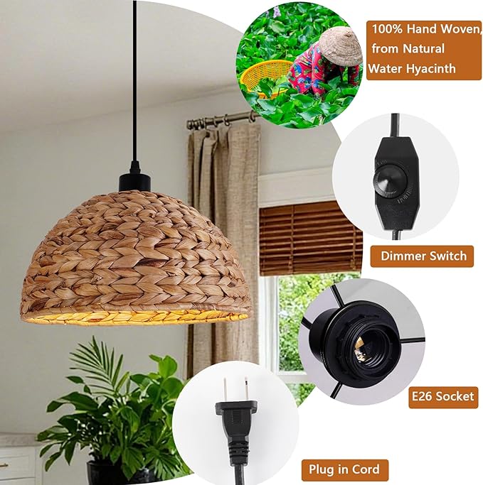 HuisMier Rattan Plug in Pendant Light with 15 Ft Plug in Cord, Hand Woven Lampshade Boho Hanging Lamp with Dimmable Switch, Farmhouse Rattan Pendant Light for Dining Room Bedroom Kitchen