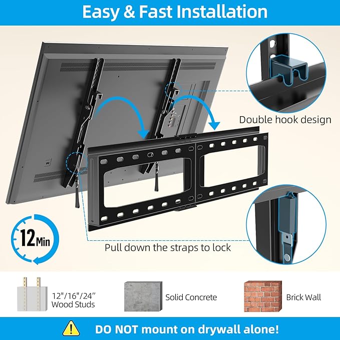 HOME VISION Heavy Duty Tilt TV Wall Mount Bracket for 32-86 Inch Flat/Curved TVs, 165Lbs Capacity, Max VESA 600x400mm, Fits 12/16/24 Inch Studs, Low Profile, Universal, HV9601