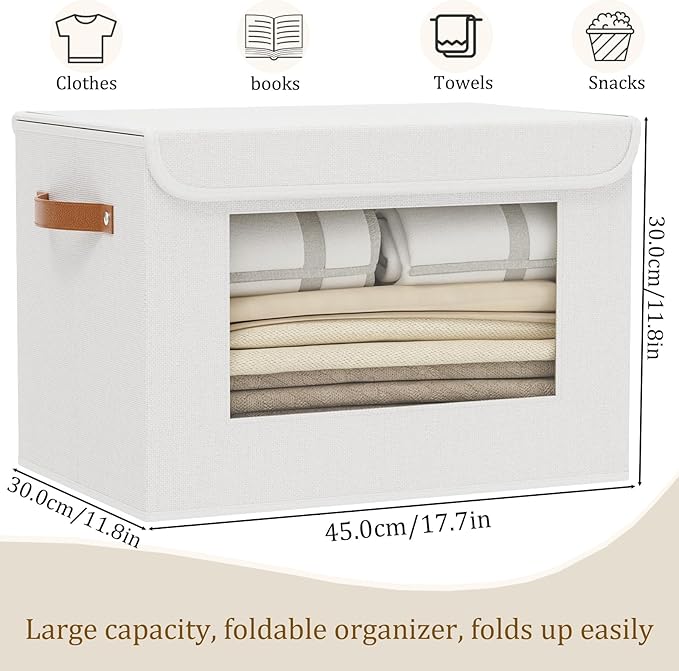 Foldable Storage Bins with Lids, Decorative Storage Boxes with Handles, Closet Organizers for Sock Hat Blanket, 17.7 x 11.8 x 11.8 Inch, White, 3-Pack