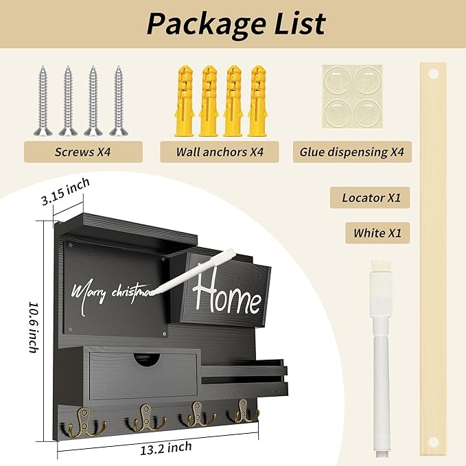 Farmhouse Key Holder for Wall with Mail Organizer - Easy Installation Wall Mount Organizer, Includes Chalkboard, Drawer, Wallet Holder & 4 Double Hooks, Ideal for Entryway, Quick Access - Black
