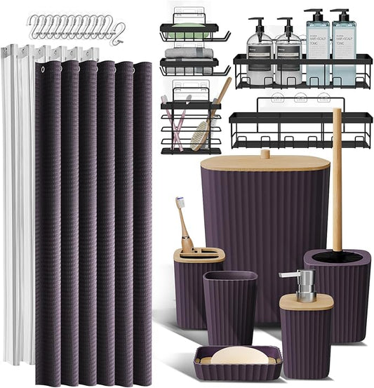 Clara Clark Bathroom Accessories Set - Bathroom Set with Adhesive Corner Shower Caddy Hanging, 25PC Bathroom Accessory Set, Purple Shower Curtain Set, Toilet Brush, Trash Can & Soap Dispenser