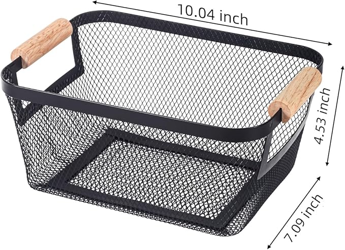 2-Pack Metal Mesh Basket, Small Wire Storage Organizer with Wood Handle for Kitchen Pantry, Bathroom, Cabinet, Closet, Picnic & Home Organization,Small, Black