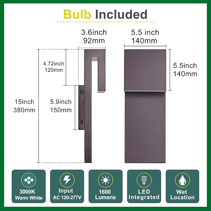 Modern Outdoor Indoor Integrated LED Wall Sconce, 2-Light Total 17W,Bronze Finish,1600 Lumens,3000 Kelvin,90 CRI, Dimmable,Input 120-277V,Weatherproof for Global Front Porch Decor Use.