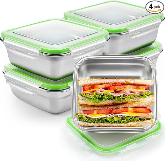 4 Pack Stainless Steel Sandwich Containers with Lids 40.6 oz Metal Food Container for Lunch Boxes with Airtight Silicone Seal for Sandwiches and Snacks(Green)