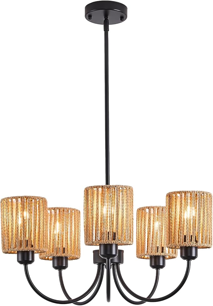 22” Black Farmhouse Chandelier - 5 Light Rattan Pendant Light for Kitchen Island & Dining Room - Adjustable Height E26