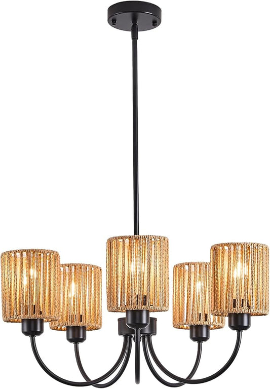 22” Black Farmhouse Chandelier - 5 Light Rattan Pendant Light for Kitchen Island & Dining Room - Adjustable Height E26