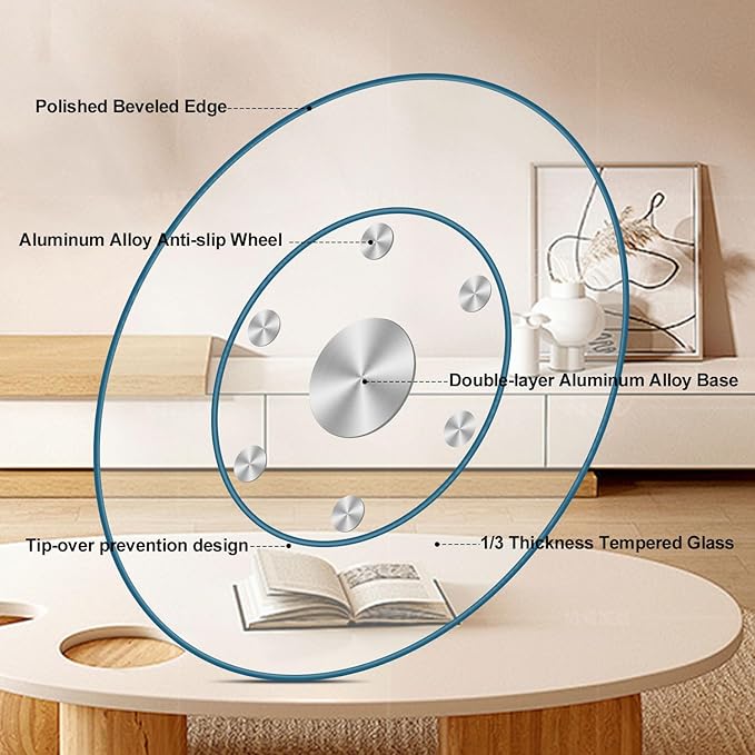 48" Heavy-Duty Lazy Susan Turntable - 1/3" Extra-Thick Tempered Glass - Silent & Smooth Swivel for Large Dining Tables, Centerpiece