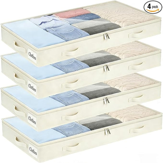 4 Inch Low Profile Under Bed Storage Drawer 4 Pack, Lightweight Underbed Clothes Storage Container Bins with NO STURCTURE, Shallow Storage Bag for Dorm & Home, With Clear Lids & Water-Resistant Fabric