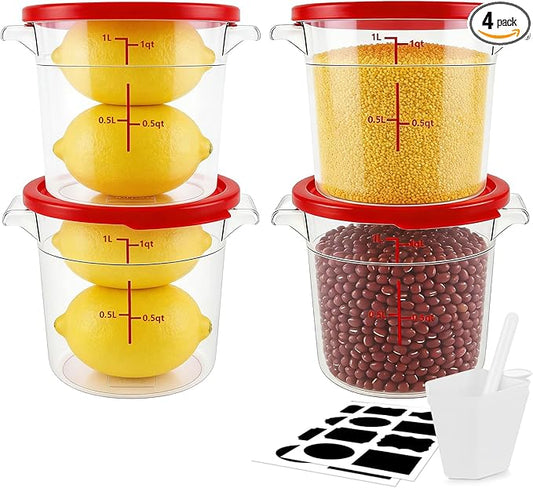 4-Pack Food Storage Containers with Lids,Round Plastic Containers for Kitchen, Food Grade, BPA-Free, Stackable, Clear Red Storage Buckets (Red, 1L)