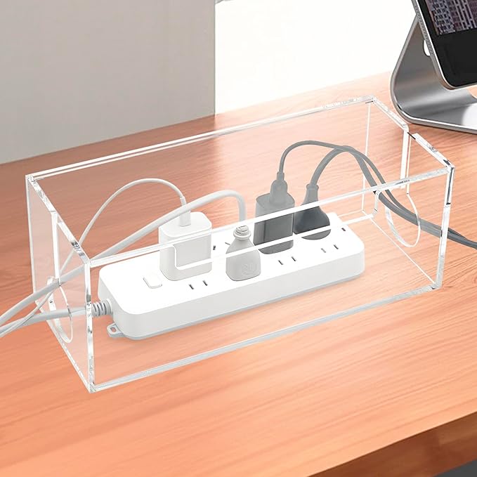 Cable Cord Organizer Box, 2 Open Slots Cords Hider Box, Under Desk Power Strip Organizer and Floor Cables Storage, Clear