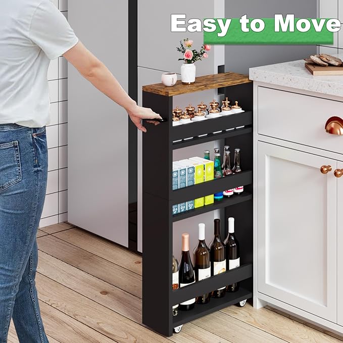 4-Tier Slim Rolling Storage Cart with Wheels - Mobile Organizer for Narrow Spaces in Black
